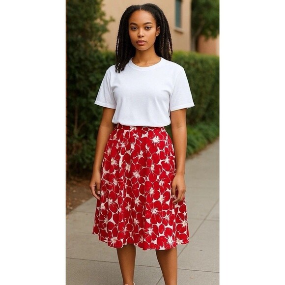 Talbots Skirt Womens 8 Red Floral Pleated A Line Flare Beach Coastal Hawaiian - Picture 1 of 9